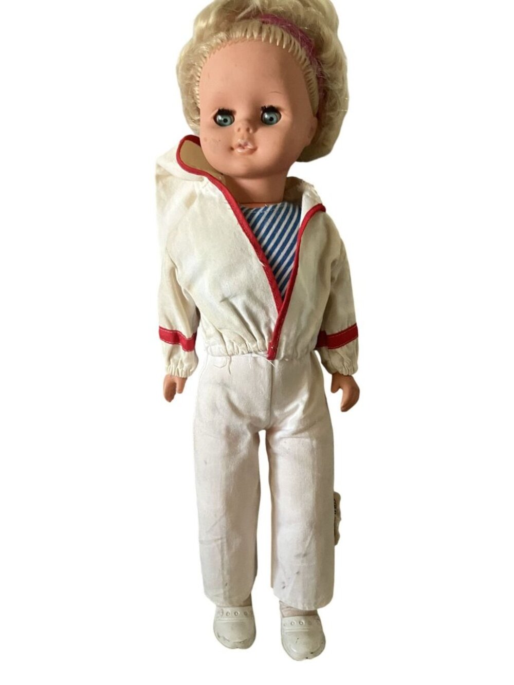 Vintage Blonde Doll With Blue Eyes White Jumpsuit & Red Trim 18 Inches Tall